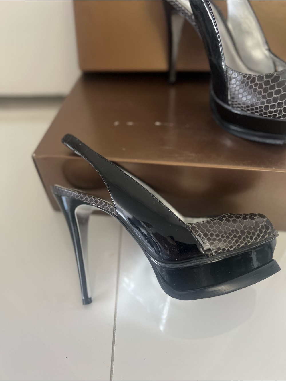 Bebe Black Snake-Embossed‎ Slingback Heels
